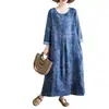 Vestido Longo Estampado Estilo Artístico Novo Primavera e Outono, Gola Redonda, Tamanho Grande Feminino, Algodão Puro, Vestido Longo