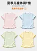 Camiseta Infantil com Borda Franzida, Mangas Curtas Doces, Camisa Base Ribana Elástica Multicor de Verão, Roupa Infantil Versátil, Disponível para Atacado
