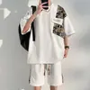 Traje casual de punto gofre estilo chino nuevo, manga corta y shorts para hombre, conjunto de verano de camiseta de manga corta y shorts para hombre