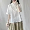 Nueva camisa retro de verano para mujer con cuello alto, tela jacquard bordada, manga corta, corte holgado, versátil vestido de té