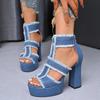 Sandalias de Tacón Alto Talla Grande de Exportación de Mezclilla Verano 2025 Estilo Nuevo Cremallera Trasera Tacón Grueso Borla Sandalias Europeas y Americanas Talla de Mujer 43