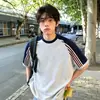 Camiseta de Manga Corta de Algodón Pesado Estilo Americano con Bloques de Color, Rayas y Parches para Hombre, Verano, Corte Holgado, Versátil, de Marca de Moda, Fresca, Manga Media