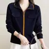 26 Outono Novo Estilo Francês de Trabalho Elegante Gola Alta Bloco de Cores Manga Longa Bolso Zíper Duplo Cardigan de Tricô Top 22960