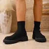 Botas de tricô elástico pretas novas transfronteiriças para mulheres com sola grossa, que aumentam a altura, antiderrapantes, botas Martin versáteis, emagrecimento, sapatos femininos de comércio exterior