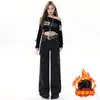Jeans Anchos de Estilo Retro Americano con Pedrería para Mujer, Forrados de Felpa, Engrosados, Corte Holgado, Caída Suelta, Adelgazantes, que Alargan la Figura