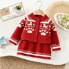 Conjunto de Suéter Infantil Jacquard Cartoon Tricô Cardigã Saia Outono Inverno Nova Moda Coreana Vestido Suéter para Bebês Meninas