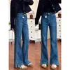 Pantalones de pierna ancha azul con abertura para chica gordita talla grande 2025 para mujer, primavera y verano, holgados, adelgazantes, elásticos, sin costura en la pierna, acampanados