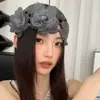 Chapéu Elegante de Crochê com Flores Vazadas Estilo Coreano para Mulheres, Algodão, Primavera e Verão, Chapéu de Tricô Versátil