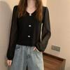 Primavera e Outono 2025 Novo Estilo Coreano Elegante Versátil Cor Sólida Manga Longa Fino Casaco Malha Feminina Costura Top