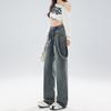 Estilo Americano Retro Alça Dois Wear Straight-Leg Jeans Primavera Feminina Nova Lavada Velha Cintura Alta Calça Larga Largas Largas