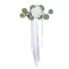 Flor artificial branca de rosa para encosto de cadeira com folhas de eucalipto e fitas longas, flor para decoração de cadeira de casamento, flor para decoração de maçaneta de porta de carro de casamento