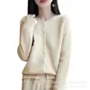 Nuevo cárdigan de punto de lana pura para otoño e invierno para mujer, abrigo casual de cuello redondo, abrigo suéter grueso de siete puntos