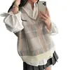 Colete de Tricô Xadrez Retro com Decote V Ins Coreano Outono e Inverno Camada Base Solta para Mulheres