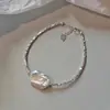 Collar de Perlas de Agua Dulce Barrocas Cuadradas de Forma Especial para Mujer Estilo Coreano Moderno Cadena para Clavícula Asimétrica Plateada Plata Rota