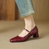 ¡Cabeza cuadrada pequeña Shannian! Zapatos de Piel para Mujer con Tacón Grueso Estilo Vintage Francés Mary Jane color vino tinto Zapatos de Tacón Medio
