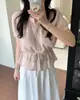 Camisa Ribatada de Gola Redonda com Cordão na Cintura, Estilo Coreano Chique, Nicho