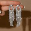 Gota D'água Full Diamond Longo com Franjas Moda Europeia e Americana Exagerados Brincos de Luxo Femininos Versáteis Brincos de Jantar Brincos