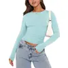 Camisa Casual Feminina Popular Europeia e Americana de Manga Longa para Primavera e Outono Cor Sólida Slim Fit Pulôver Top Roupas de Rua Femininas Camada Base