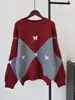 Top de malha com padrão de losangos color-blocking e design de borboleta tridimensional, novo estilo preguiçoso solto outono e inverno, suéter de gola redonda feminino