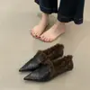 Zapatos de Moda para Mujer Estilo Francés Otoño e Invierno Retro Tejidos Forrados de Polar Corte Profundo Puntiagudos de Tacón Bajo Adelgazantes Cálidos de Algodón con Piel