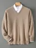 Suéter grosso masculino de gola V cor sólida transfronteiriço, corte casual solto, novo estilo outono/inverno, malha de lã pura com mangas compridas, camada base