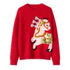 Suéter Jacquard de Cachemir Rojo Caballo Nuevo Año para Mujer, Cuello Redondo, Tejido de Punto Bordado Atmósfera Año Zodiacal Suéter de Cachemir Holgado