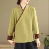 Camisa Hanfu Mejorada Estilo Chino Retro con Cuello Diagonal y Cordones para Mujer, Corte Holgado, Talla Grande, Atuendo de Té Inspirado en Zen, Top de Algodón y Lino para Primavera