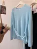Blusa de Linho Fina Vazada com Amarração na Cintura, Estilo Relaxado, Proteção Solar, Tricô Fino de Manga Longa Emagrecedor