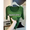 Camiseta Verde de Decote U Grande com Cinco Mangas Emagrecedora para Mulheres Outono Nova Elegante Solta Camada Base Emagrecedora Top