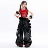 Conjunto de Jazz para Niñas, Top Rojo Brillante de Lentejuelas Hip-Hop para Niña con Pantalones de Cuero Negros, Disfraz de Baile Callejero para Niños