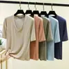 Camiseta Modal Nova Patchwork Gola V Manga Cinco Pontas Feminina Verão Tamanho Grande Elástica Camada Base Solta Casual