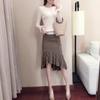 Vestido de Punto Básico Otoño e Invierno 2023 para Mujer Estilo Hong Kong Conjunto de Dos Piezas Suéter con Falda de Cola de Pez a Cuadros Manga Larga Elegante
