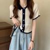 Top Chic Estilo Hong Kong de Manga Corta de Verano Estilo Coreano Ajustado Cuello Polo Cárdigan de Punto Delgado Camiseta Corta para Mujer