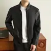 Jaqueta de Couro de Luxo Masculina Outono Inverno Couro PU Estilo Old Money Meia-idade Roupa de Pai Jaqueta de Couro Masculina Jaqueta Zíper Gola Alta Roupa Exterior Masculina