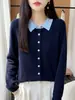 Cardigã de tricô com gola polo em blocos de cor estilo universitário para mulheres, suéter de lã falso de duas peças em blocos de cor, suéter elegante e quente