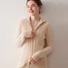 Abrigo de cachemira grueso de doble hebra de calibre 7, cuello semi-alto, cierre de cremallera, cárdigan de punto trenzado, para mujer, top de punto trenzado con cuello alto, suéter de lana