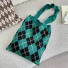 910301 Bolso de Mano Tejido de Diamantes Vintage, Bolso de Hombro de Lana a Cuadros en Contraste de Color, Bolso de Mano Artístico de Gran Capacidad