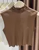 Top sin mangas de cuello semi-alto ajustado Ning Xinyi, Camiseta interior corta de malla con bordes rizados