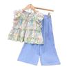 Ropa infantil de comercio exterior al por mayor traje de niña 25 primavera y verano infantil tesoro femenino floral top de manga volada más pantalón recto conjunto de dos piezas