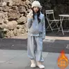 Sudadera con capucha acolchada de moda coreana de invierno para niñas, tipo dos piezas, prenda exterior para niños de mediana y mayor edad, Pantalones de chándal rectos de pierna ancha
