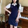 Vestido de punto de estilo preppy transfronterizo de dos piezas falsas con cuello polo 2023 nuevo estilo coreano ajustado falda pequeña para mujer