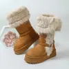 Botas de nieve de invierno para mujer de talla grande, versátiles, de retazos de felpa retro, con suelas gruesas, engrosadas para abrigar, de longitud media hasta la pantorrilla y detalles de borlas.