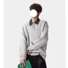 Sudadera con cuello polo de dos piezas falsas para hombre, primavera y otoño, estilo retro americano, retazos, manga larga, camiseta para hombre, holgada, casual, capa base