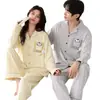 Pijama 100% Algodão para Mulheres e Casais, Outono e Inverno, Manga Longa, Calça Longa, Cardigã, Gola Lapela, Desenho Animado, Solto, Conjunto para Casa, Pode Ser Usado Fora