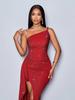 Vestido Feminino Amazon Transfronteiriço com Alças Assimétricas, Fenda Lateral Alta, Decoração de Babados e Glitter