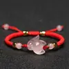 Pulseira Raposa de Cristal Rosa Cordão Vermelho Tecido à Mão Cordão de Mão Preto Pulseira de Pedra Hibisco Joia para Namorada