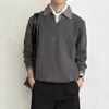 Suéter American Retro Falso Duas Peças com Decote V para Homens, Tricô de Inverno com Gola Reversível Estilo Old Money, Jaqueta Estilo Preguiçoso