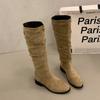 Botas Caqui Altas Hasta la Rodilla de Caña Alta Botas de Montar para Mujer Nuevas de Otoño e Invierno Fruncidas Adelgazantes Botas Largas