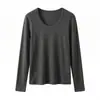 Camiseta sencilla de doble capa con cuello en U hecha de Lyocell Tencel y lana, nueva camiseta básica casual de otoño para mujer, corte ajustado