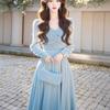 Vestido Largo Elegante de Lujo Ligero para Otoño Temprano para Mujer, Nuevo Estilo Popular Otoño 2026, Vestido de Terciopelo Azul Estilo Socialité de Gama Alta